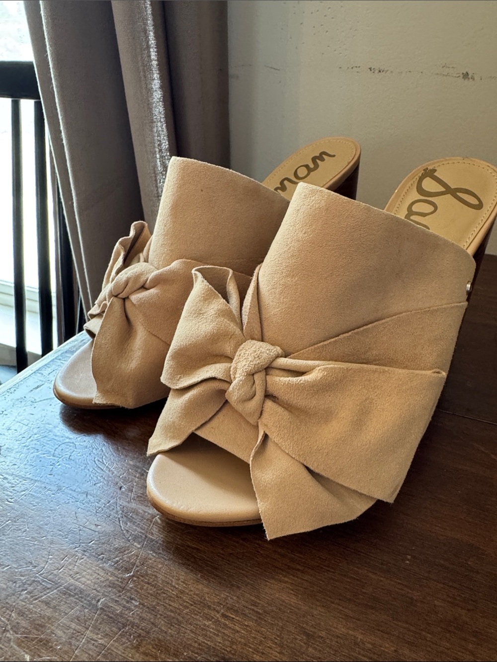 Sam Edelman Tan Suede Knot Bow Mules